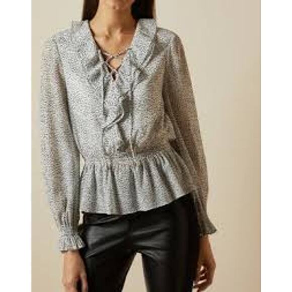Ted Baker London 2/6 Alyanna Ruffle Top Patterned Blouse Black White - Picture 2 of 8
